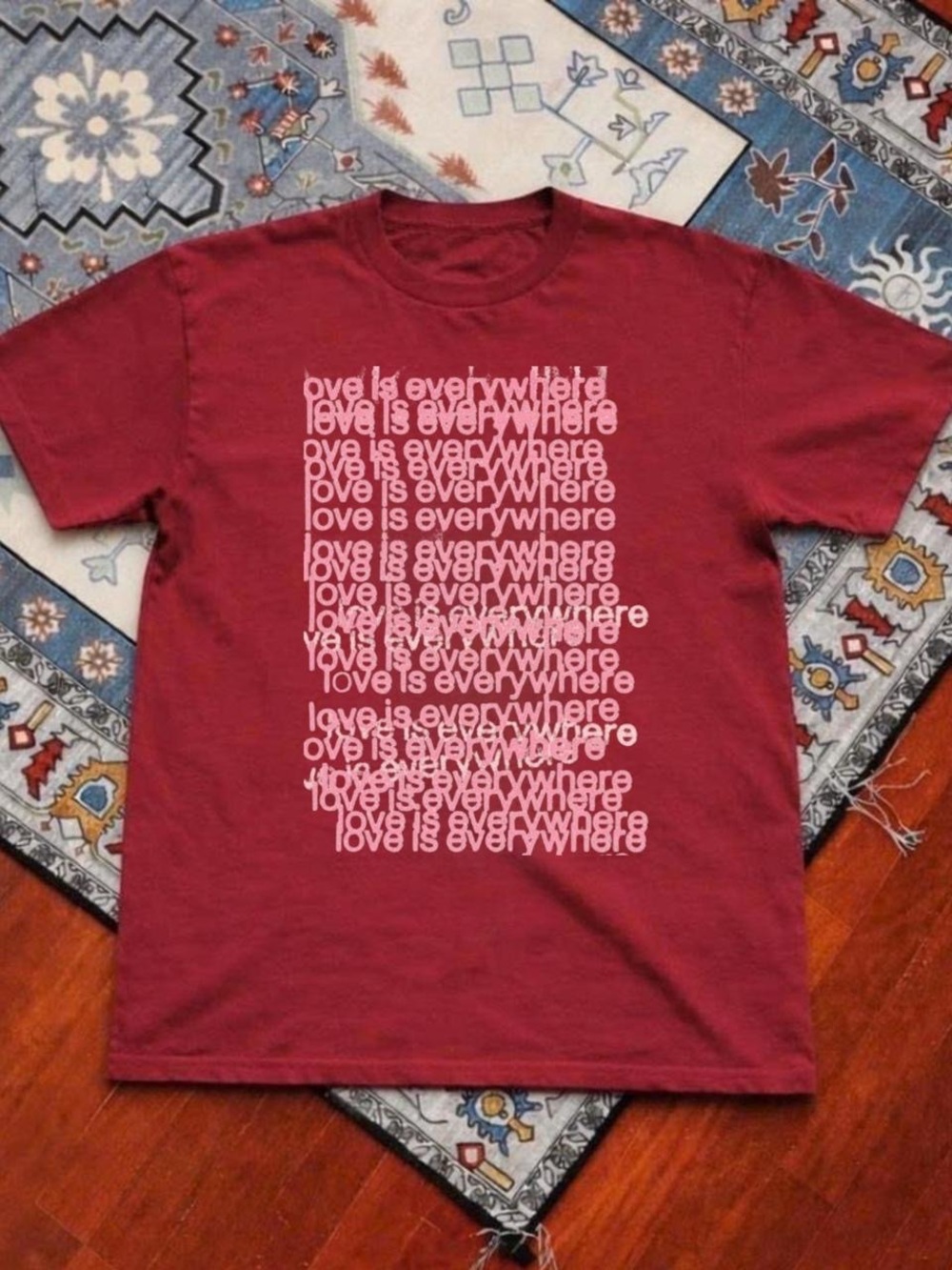 Gildan Maroon Short-Sleeve Tee with Pink Repeated Graphic